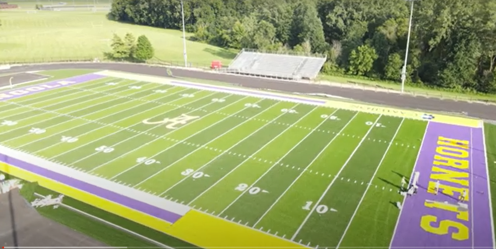 Football field with an A in the center, purple and yellow sidelines and yellow end zone with Hornets written in yellow within it. 
