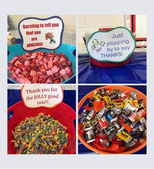 Four bowls of different candy with notes of thanks!