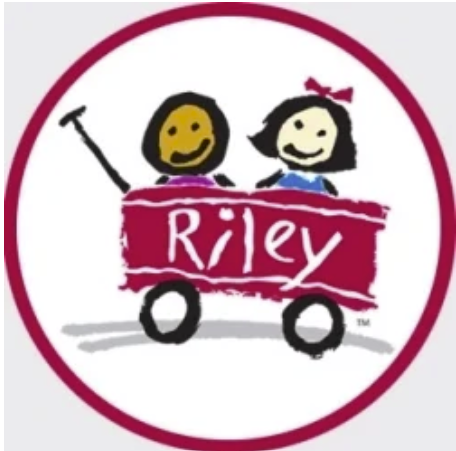 Riley Cjildren's hospital Logo, drawing of a boy and a girl in a little red wagon