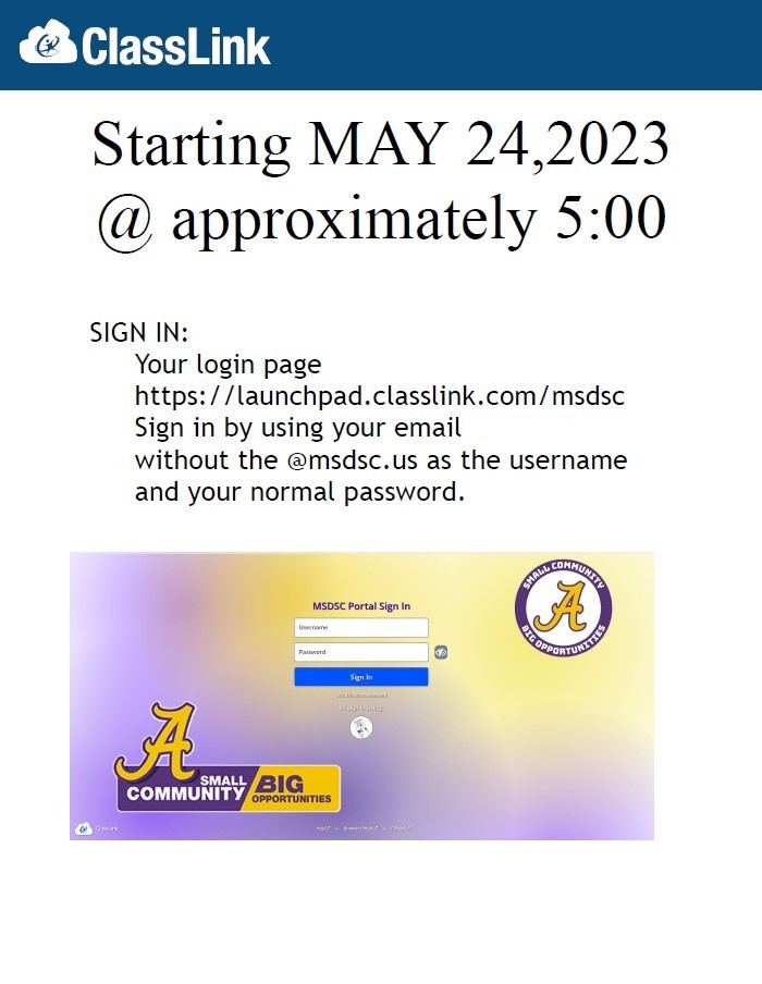 Announcement with a picture of the new ClassLink login portal