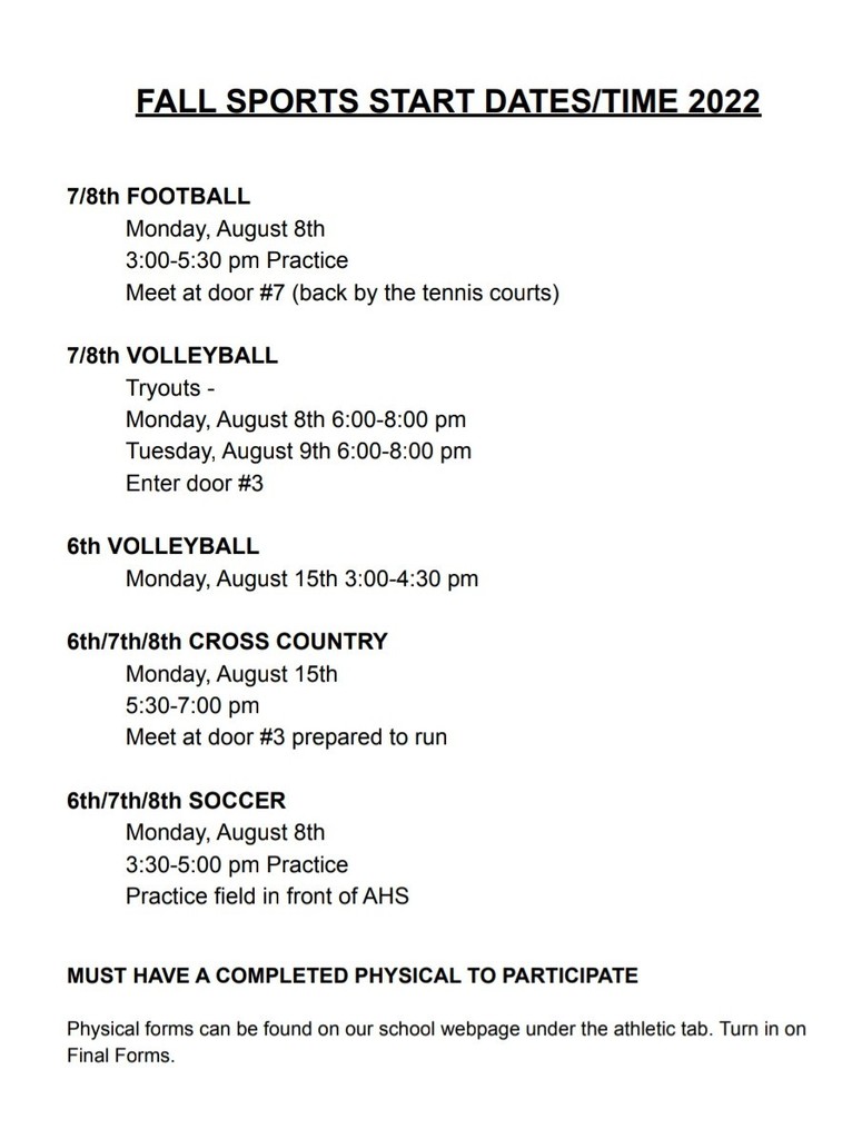 Start Dates of Fall Sports at AMS