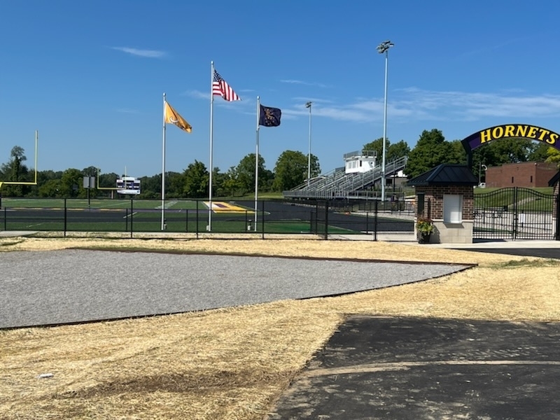 flags at the new stadium entrance