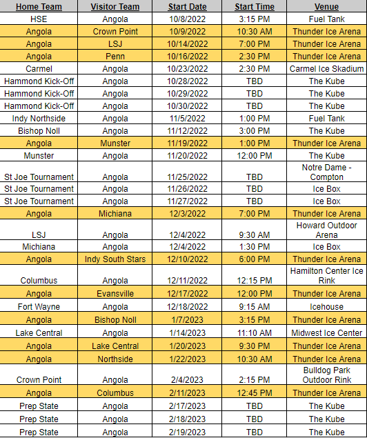 AHS Club Hockey Schedule 2022-2023